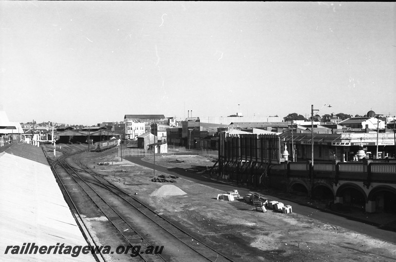 P13892
Perth Yard looking west showing where tracks have been removed, carriage sheds in the background, taken from the Horseshoe Bridge

