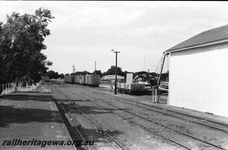 P13947
24 of 32 images of the railway and jetty precincts of Busselton, BB line, station platform, goods shed, platform crane view looking down the yard
