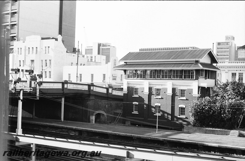 P14030
Signal box C, signals, Barrack street Bridge, Perth Station, view from across the tracks
