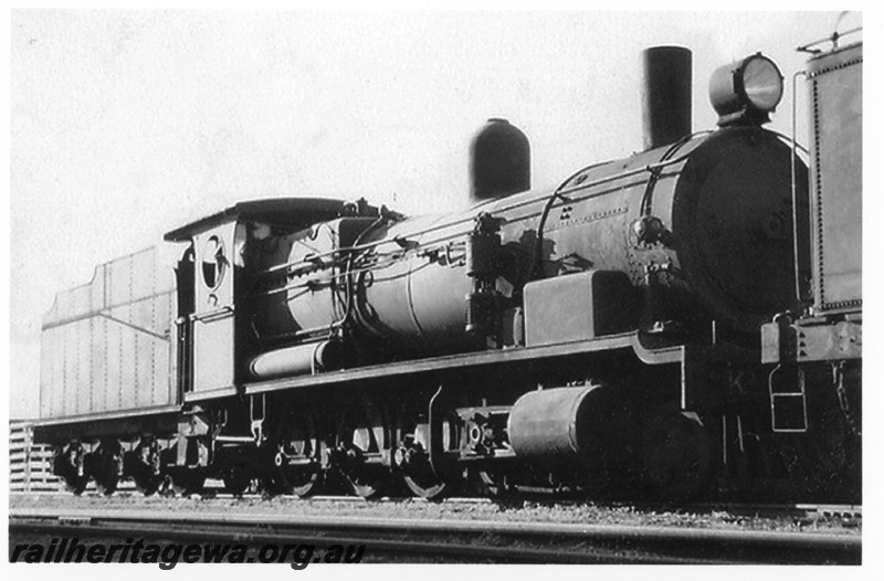 P14213
Commonwealth Railways (CR) KA class 2-8-0 goods loco, unnumbered and out of service, side and front view.
