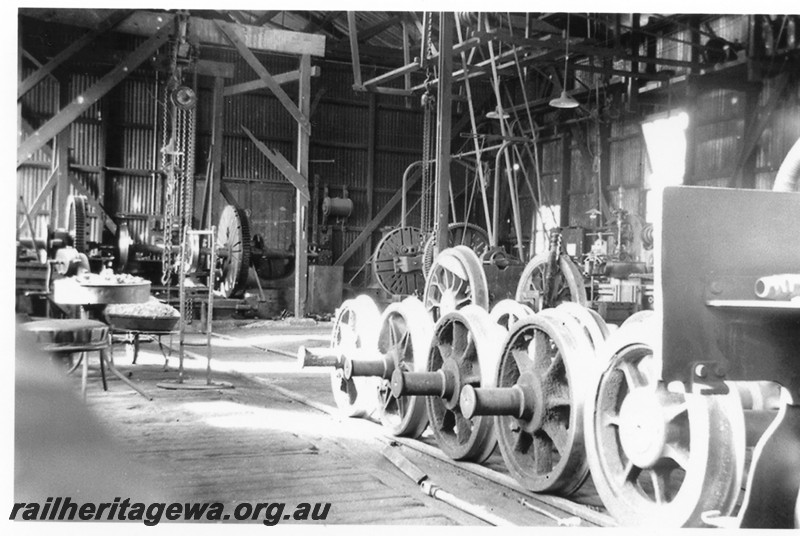 P14217
Loco Depot Workshop. Kalgoorlie, EGR line, internal view showing wheelsets and machinery.
