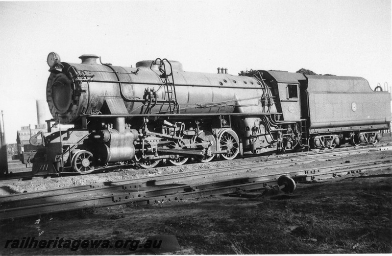 P14225
V class with original sandbox, East Perth loco depot, front and side view
