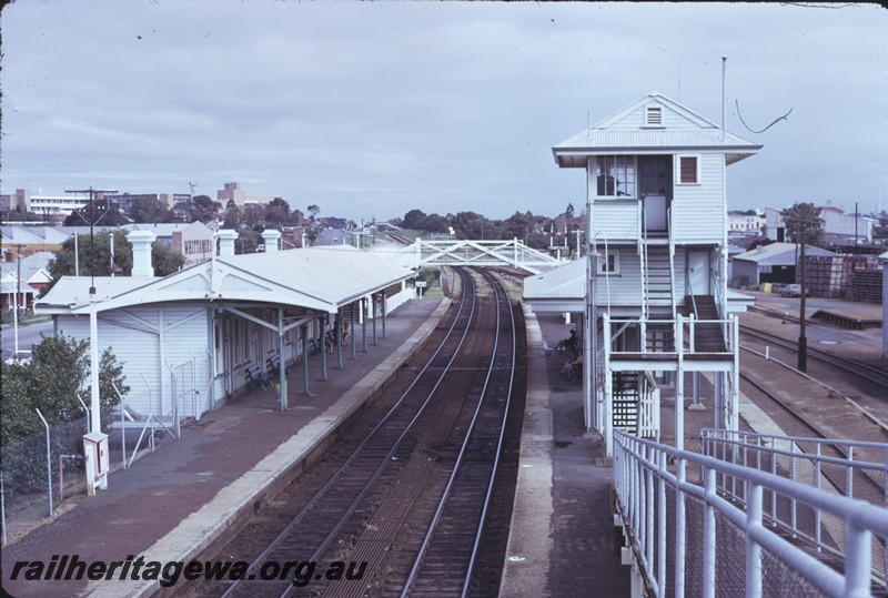 P14378
Station buildings, signal box, footbridge, Subiaco, elevated view looking west along the track
