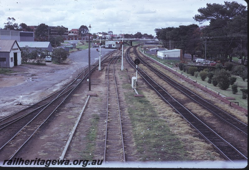 P14381
Main line, sidings in goods yard, Subiaco. Elevated view looking east.
