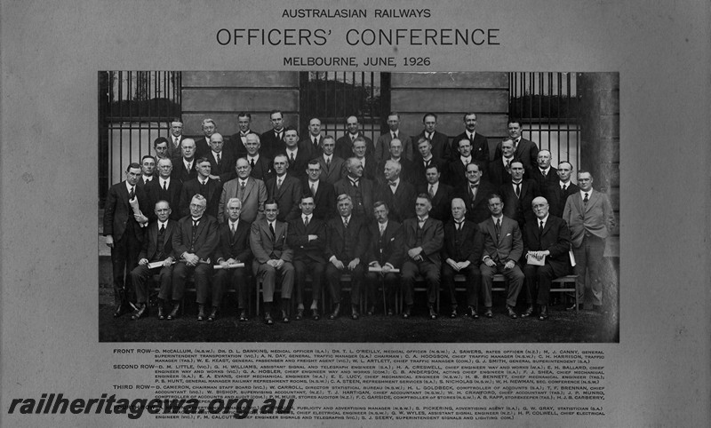 P14460
Australasian Railways Officer's Conference held in Melbourne, group photo, delegates from WA are Mr H. A. Creswell, Chief engineer Way and Works, 2nd row, 3rd from the left and Mr. E. A. Evans, Chef Mechanical Engineer, 2nd row, 7th from the left

