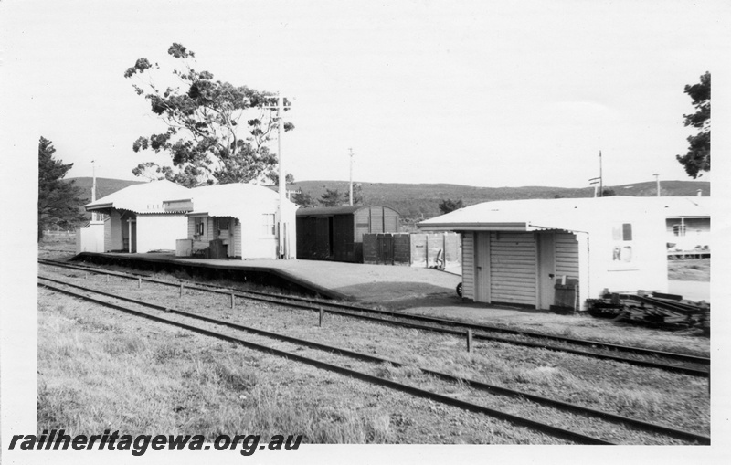 P14778
1 of 6 images of the station precinct and buildings at Elleker, c1970, view along the platform looking east showing the buildings on the platform
