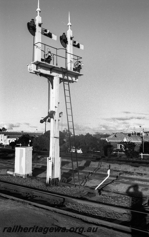 P14807
4 of 21 images of the railway precinct and station buildings at Subiaco, c1969, bracket signal, rear view, Little Davids point lever
