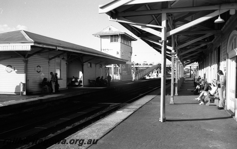 P14810
7 of 21 images of the railway precinct and station buildings at Subiaco, c1969, island platform building, signal box, main platform canopy, view looking east along the platform
