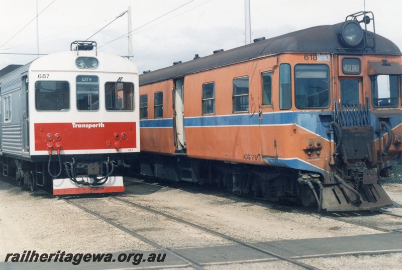 P14838
ADGV class 618 diesel railcar in Westrail orange livery, side and front view, ADL class 687 diesel railcar in Transperth livery, front view.
