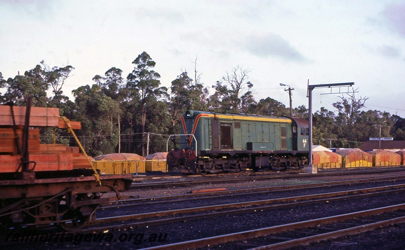 P15648
Ex MRWA F class 44, loading gauge, wagons with yellow and orange tarpaulins, yard, Manjimup, PP line, view across the yard.
