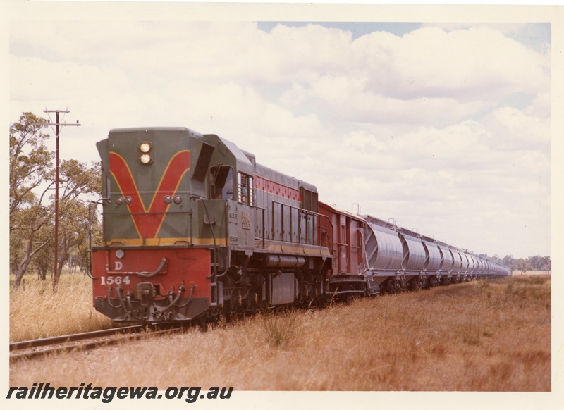 P15883
D class 1564, in green with yellow and red stripe livery, on alumina train comprising van and hopper wagons, front and side view
