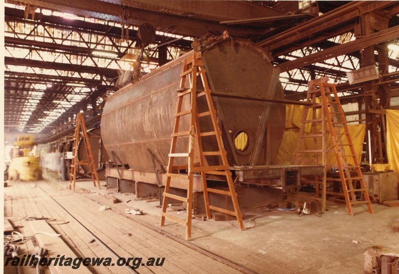 P16045
XE class wagons, under construction, overhead crane, Boiler Shop, Midland Workshops, side and end view
