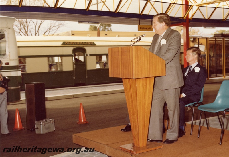 P16064
Then Transport Minister Mr. C. Rushton, at the official opening of the then new Kelmscott suburban railway station in 1980.
