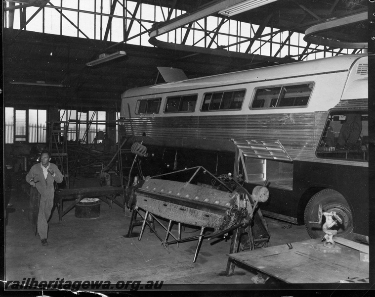 P16112
1 of 3. Guy Scenicruiser road coach being serviced at Kensington Street Railway Road Service depot at East Perth.

