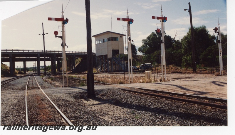 P16248
Semaphore signals, overhead bridge, signal box, Kwinana
