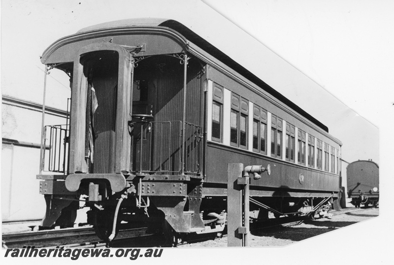 P16455
Commonwealth Railways (CR) passenger coach, with open end platform and clerestory roof, end and side view
