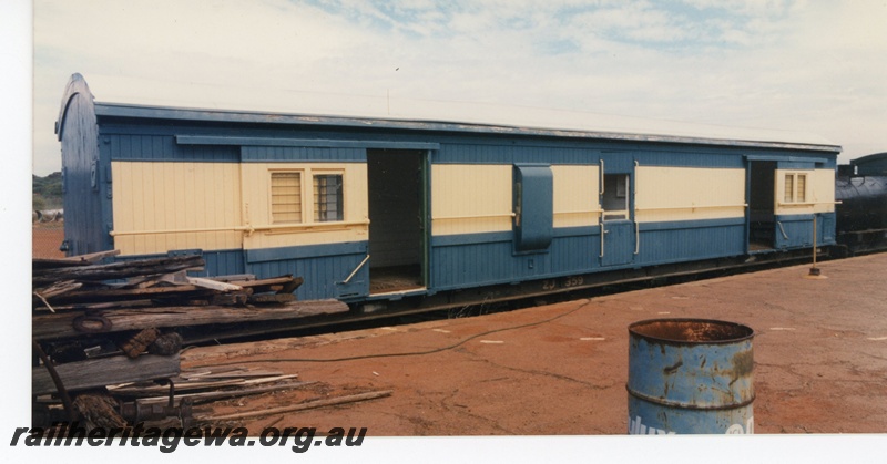P16483
ZJ class van 359, in green and cream livery, preserved at Coolgardie rail museum, platform, side view
