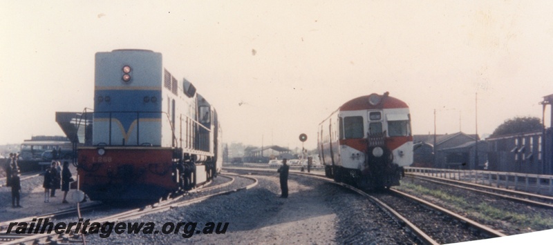 P16544
L class 268, in dark and light blue livery with yellow stripes, DMU railcar in red, white and green, light signal, East Perth terminal, ER line, front on views
