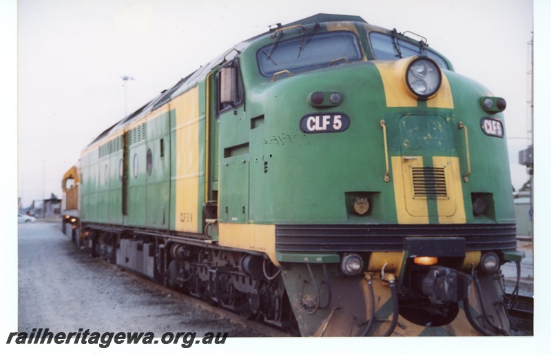 P16593
CLF class 5, in green and gold livery, Forrestfield loco depot, side and front view
