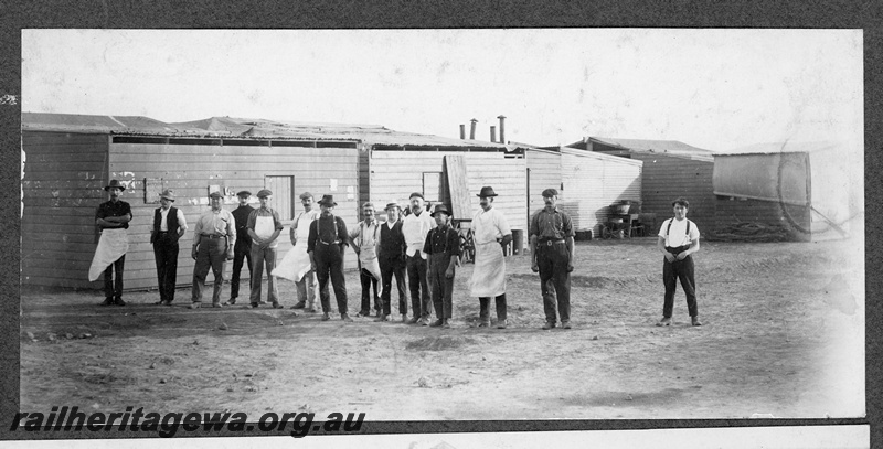 P16829
Commonwealth Railways (CR) - TAR line camp workers at Unknown location. C1916
