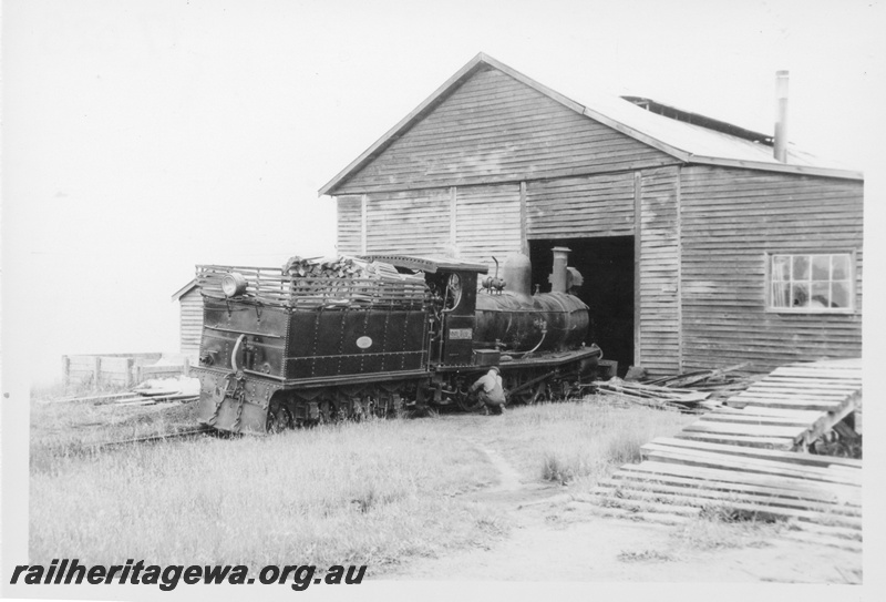 P17025
State Saw Mill No 2 G class loco, mill shed, Deanmill, Deanmill to Manjimup branch, rear and side view
