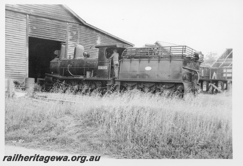 P17026
State Saw Mill No 2 G class loco, mill shed, Deanmill, Deanmill to Manjimup branch, side and rear view
