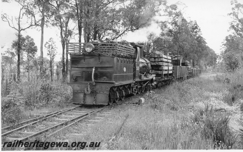 P17028
State Saw Mill No 2 G class loco, tender first on mill train, Deanmill to Manjimup branch, rear and side view 
