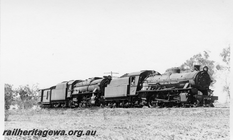 P17225
W class 955 and V class 1217, light engines Narrogin to Brookton, GSR line, side and front view
