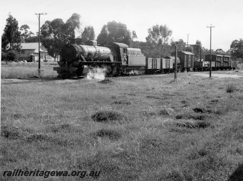 P17354
2 of 2, W class 905 steam locomotive, front and side view, on goods train, Duranillin, WB line.
