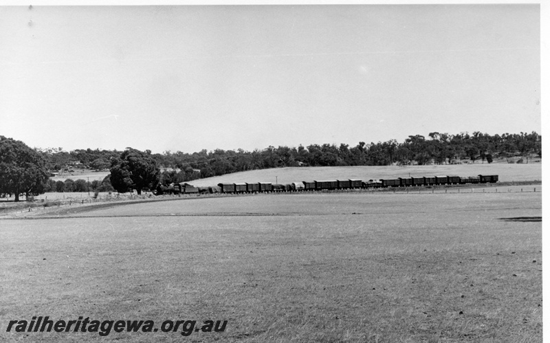 P17390
PMR class 723 steam locomotive on 108 Goods from Narrogin to Collie. Location Unknown. BN line. Distant view of entire train.
