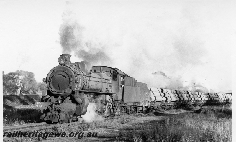 P17393
PM class 709, on No 47 goods train to Corrigin, leading wagons being loaded with pipes, departing Narrogin, NWM line
