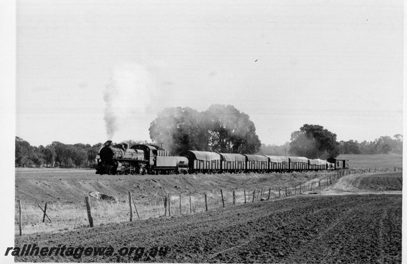 P17403
PMR class 725, on No 106 Narrogin to Collie goods train, climbing out of Narrogin, ploughed fields in foreground, BN line
