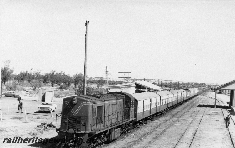 P17466
 R class 1903 diesel electric locomotive at the head of a tour train at Meckering station. EGR line. Note the goods shed and CBH grain bins in background.
