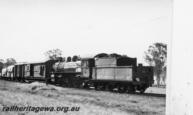 P17476
P class 508 steam locomotive at the rear of a goods train. Possibly assisting the train from Narrogin to Cuballing on the GSR line.
