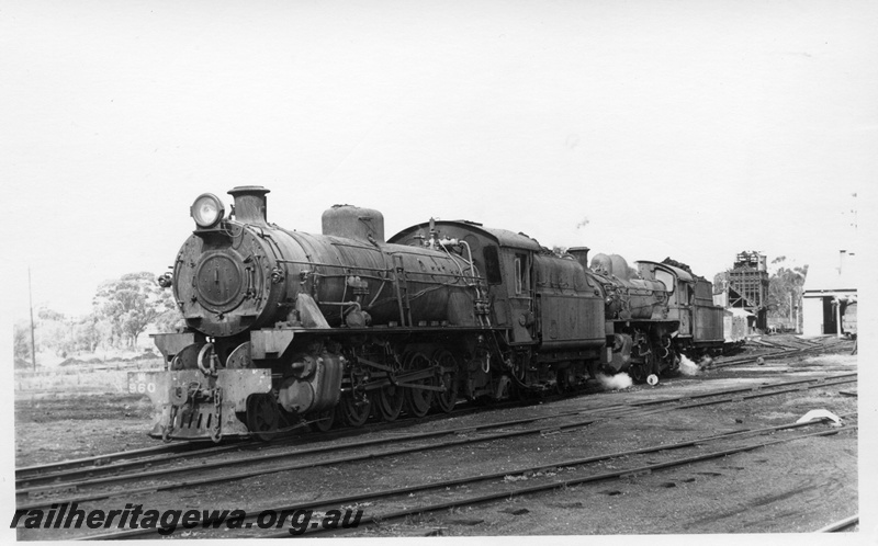 P17488
W class 960 and PR class 526 steam locomotives at Narrogin Loco. Note coal stage to left rear and shed in background. GSR line.
