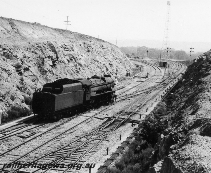 P17497
V class in a cutting, light engine entering Avon Yard, end and side view
