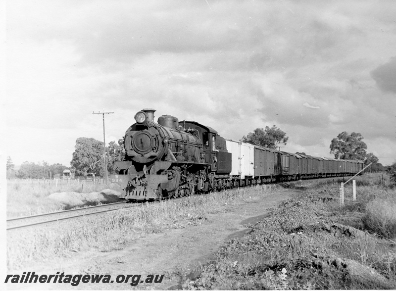 P17630
W class 934 steam locomotive hauling a goods train at an Unknown location. Possibly PP line.
