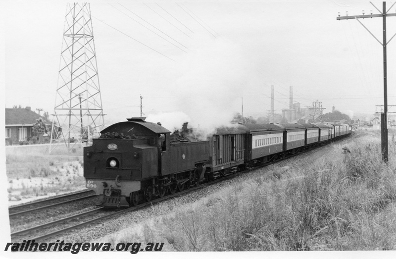 P17710
DD class 596, bunker first, on Boans Special passenger train including ex MRWA brakevan, Rivervale, SWR line, c1968
