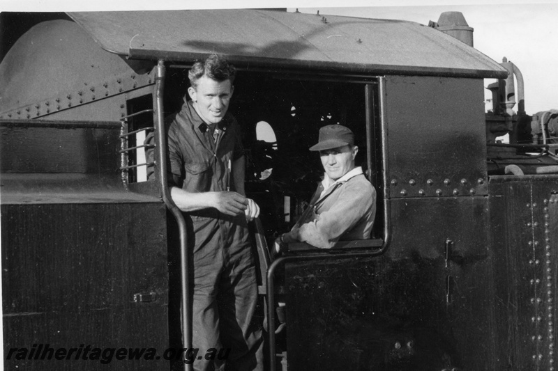 P17723
Last steam locomotive on suburban passenger working into Bellevue, crew in the cab, Fireman W. Crouch and Driver W. Loughton.
