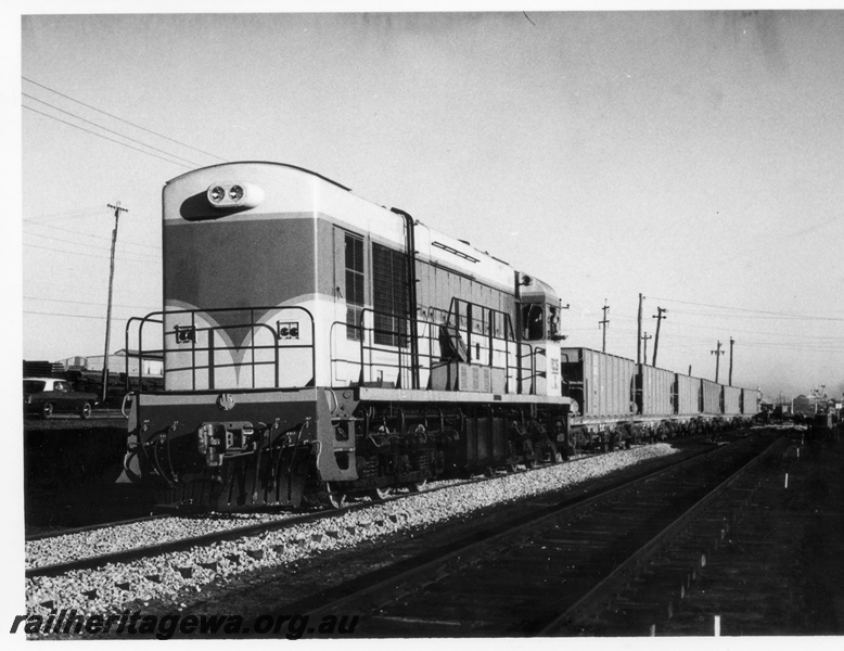 P18010
2 of 3 K class 203 on standard gauge ballast train, five wagons visible, Midland, ER line, long end leading, end and side view 
