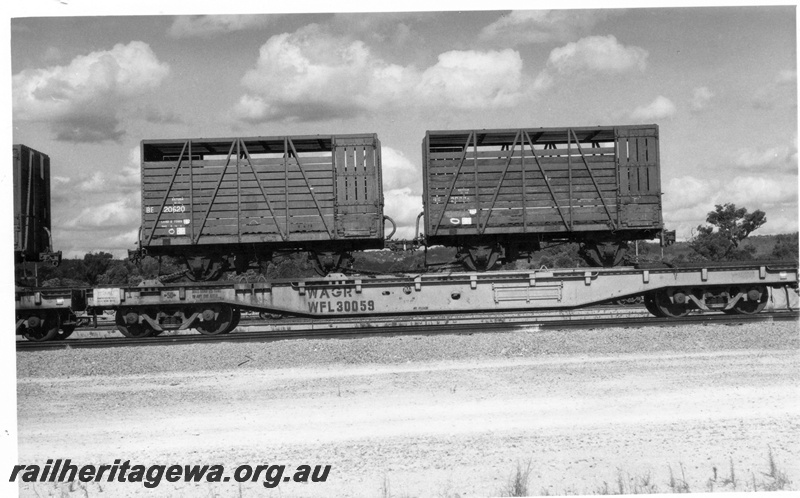 P18111
BE class 20620 and an unidentified BE class cattle wagons loaded on a WFL class 30059 standard locomotive transport wagon. Location Unknown. 
