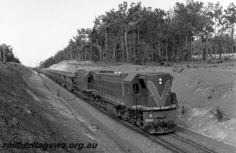 P18172
D class 1561 and another D class loco, double heading empty bauxite train, Jarrahdale branch, side and front view
