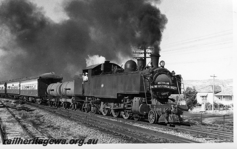 P18592
5 of 7 images of DM class 586 on ARHS tour train to Gingin on MR line, departing Millendon Junction, blowing black smoke from Newcastle coal, side and front view
