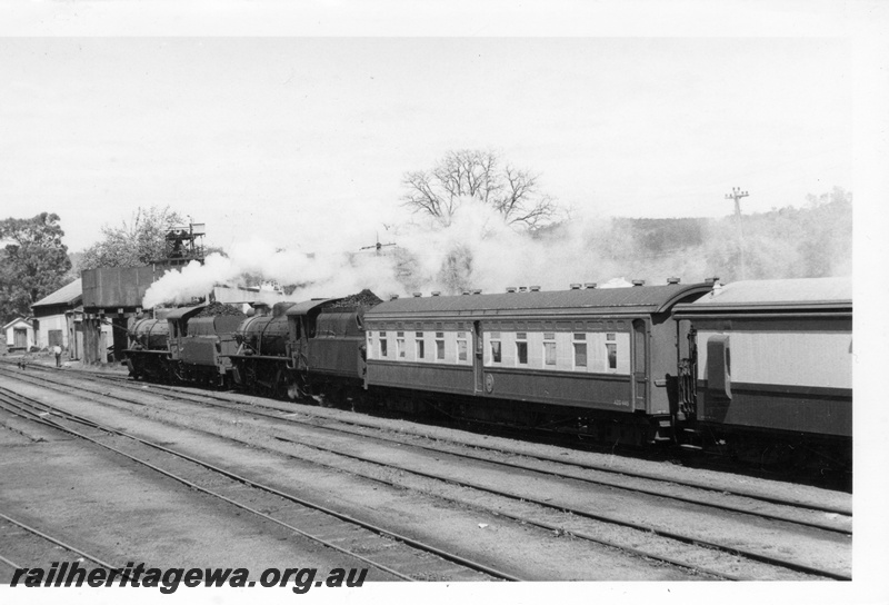 P18613
W class 903 and W class 941, on ARHS tour train including AZS class 445 to Northcliffe, water tower, Bridgetown, PP line. Note hungry boards on 941's tender for use on the Dwellingup branch
