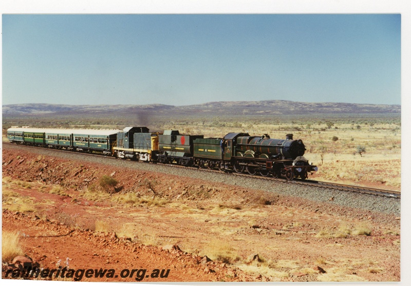 P18839
Hamersley iron (HI) Pendennis Castle 4079, C415 class 1000 Pilbara Railway Historical Society tour near Swan.
