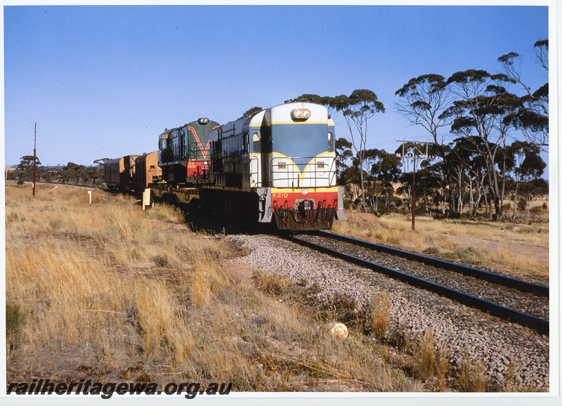 P20033
K class 210, in two tone blue livery, on short freight train including vans and a flat wagon carrying RA class 1912, in green livery with red and yellow stripe, bush setting, side and front view from track level

