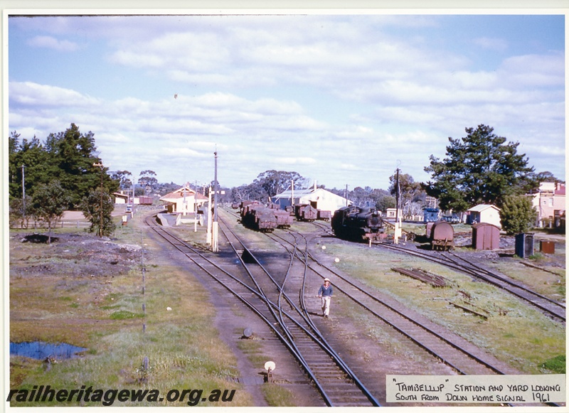 P20036
Station and yard, station building, platform, points, sidings, rakes of goods wagons, goods shed, grounded van body, worker, Tambellup, GSR line, view from down home signal looking south
