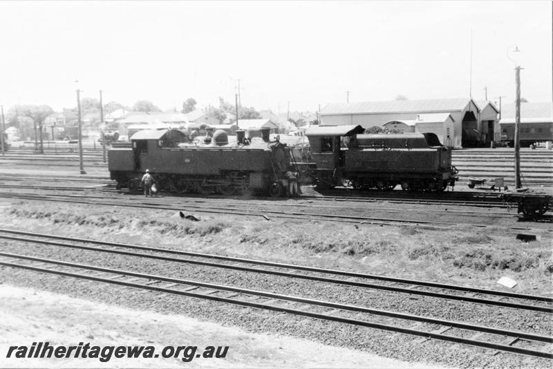 P21102
DM class loco, W class loco, over rake-out pits ,sheds, track, East Perth, ER line, side and end view
