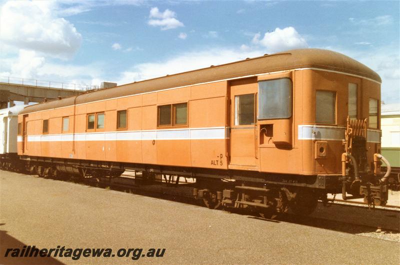 P21484
ALT class 5 Track Recorder Car, ex ASA class 445 Sentinel-Cammell steam rail car, Westrail orange livery, Forrestfield, side and ex non powered end view.
