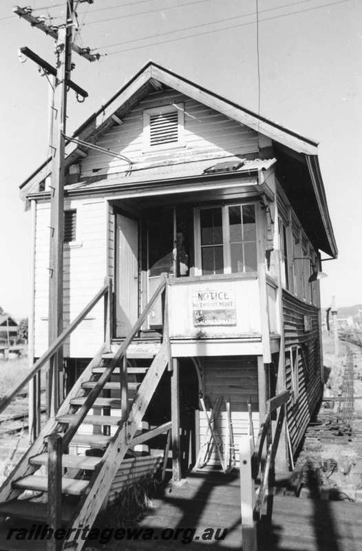 P21640
Signal Box B, entry stairs and door, signals, rodding, Midland, ER line
